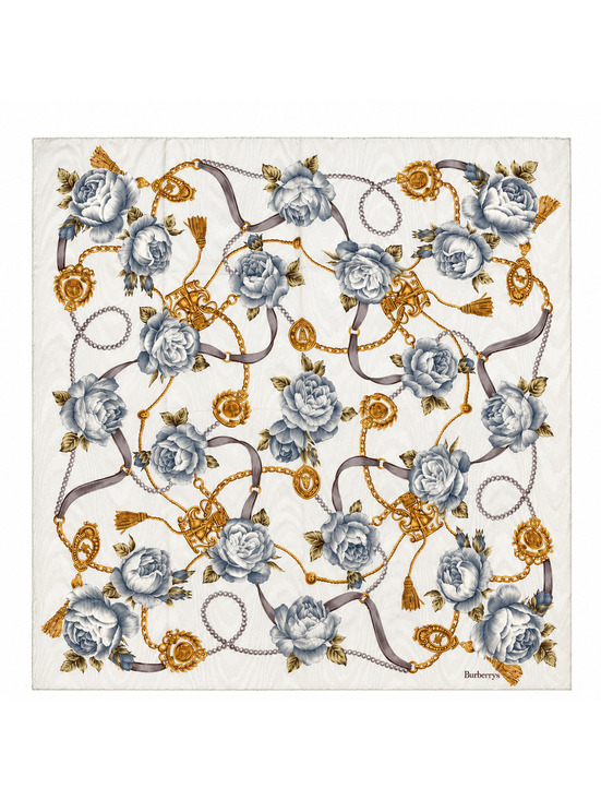 Burberry Accessories - Burberrys Blue Rose & Gold Chain Square Scarf 23” – 1980s–1990s